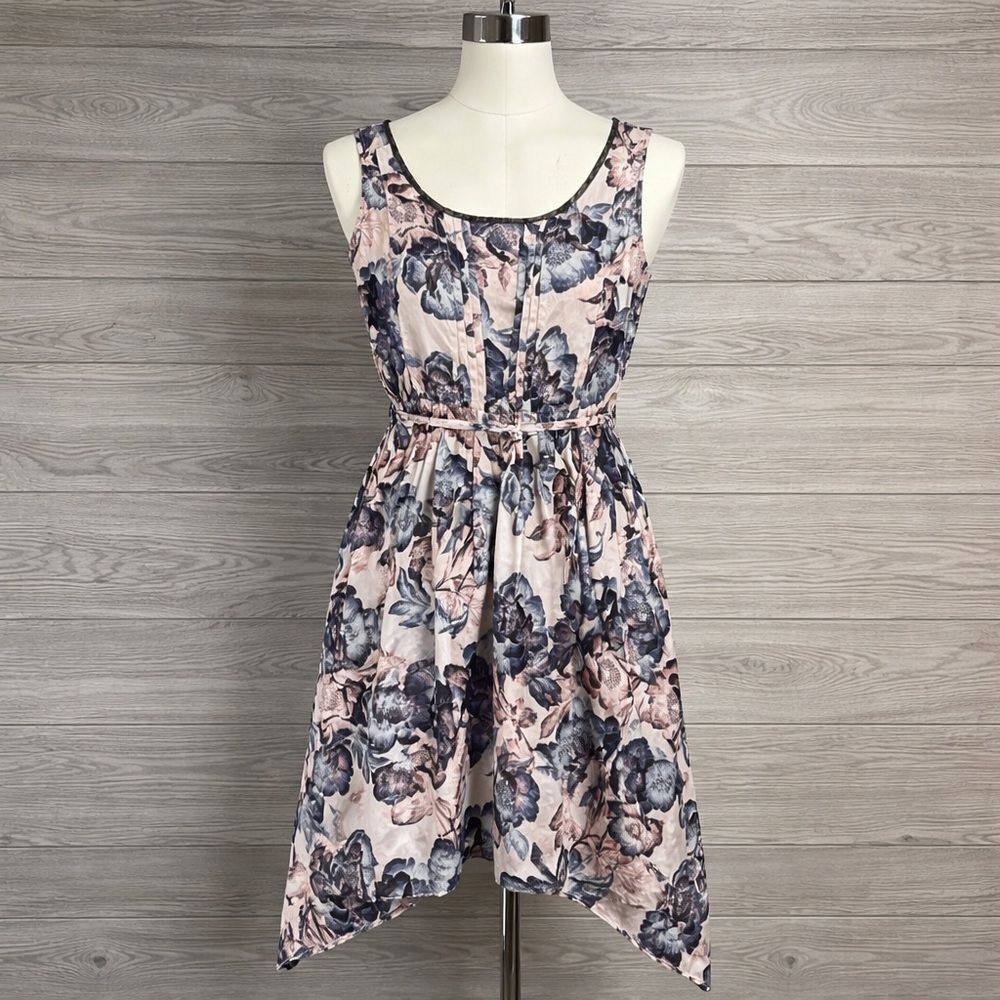 Simply Vera Wang Floral Fairy Midi Dress M Pink Blue Asymmetric Pleated